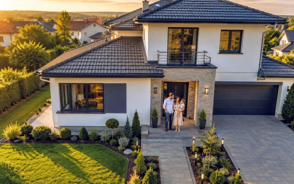 Family in front of their home — life projects and mortgage financing with Vantex